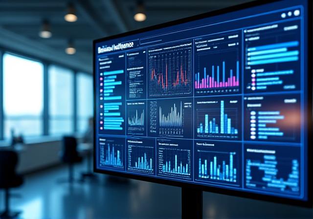 Sophisticated dashboard showing real-time 3D charts and data drill-downs